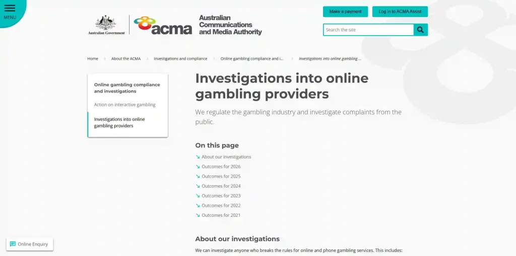 ACMA online gambling information showing Australian enforcement rules for prohibited services