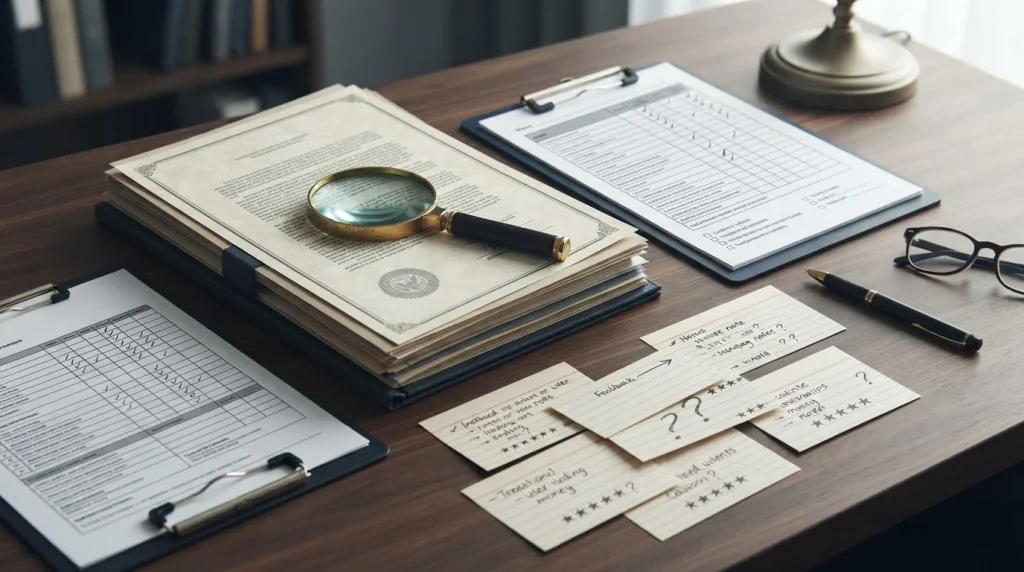 Documents, regulatory records and player feedback arranged for a casino trust check