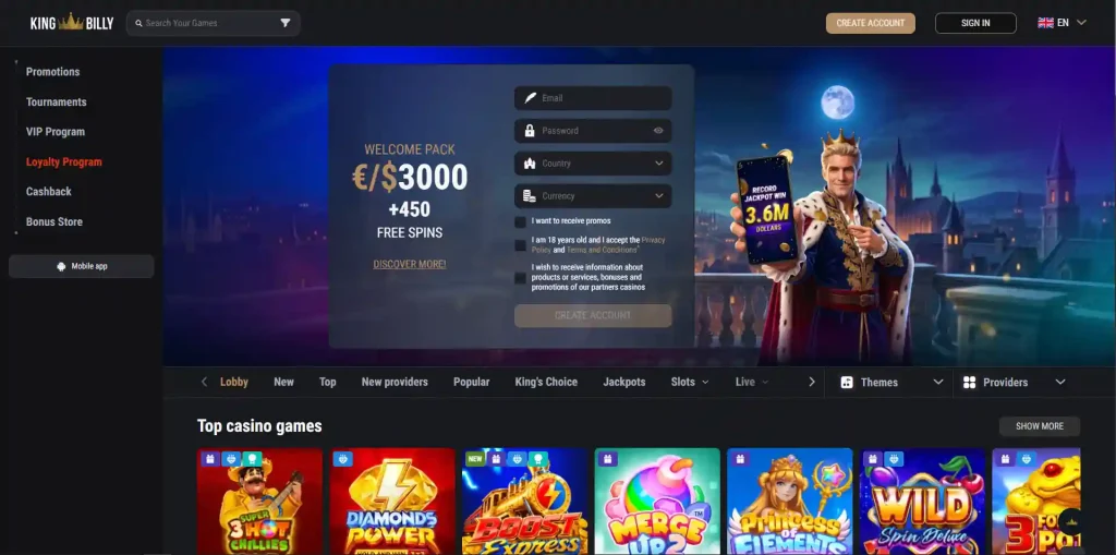 King Billy account registration screen on a desktop browser