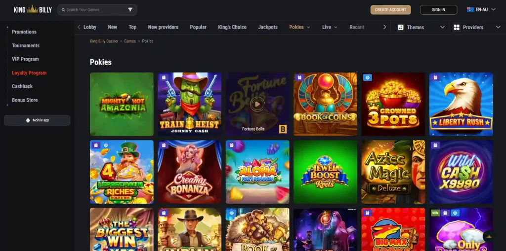 King Billy games lobby with pokies and category navigation visible