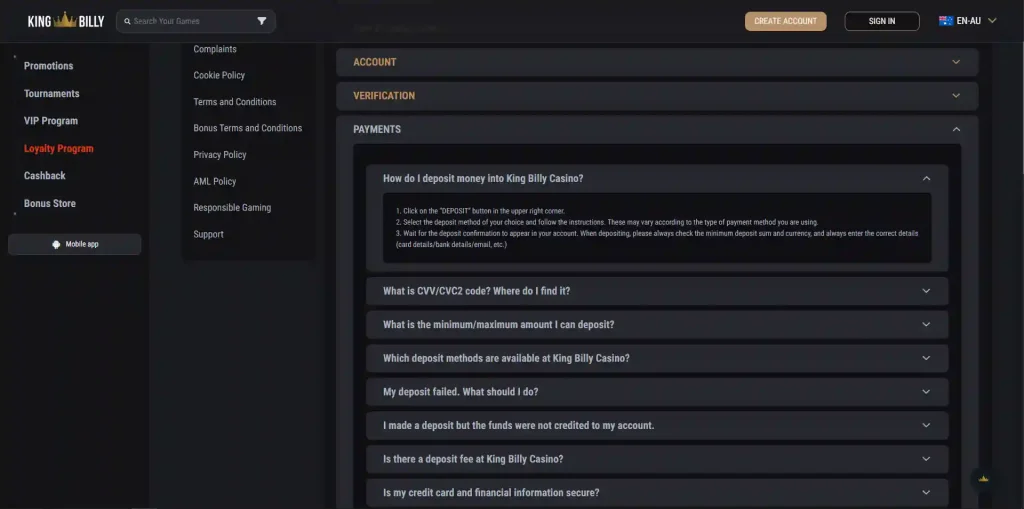 King Billy payment screen with Australian dollars and available funding options