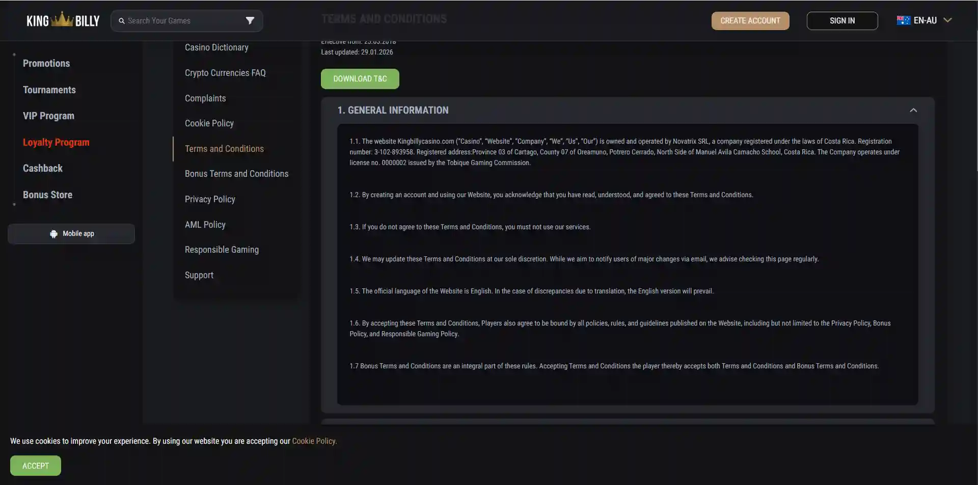 King Billy Terms and Conditions showing Novatrix SRL and Tobique Gaming Commission licence details
