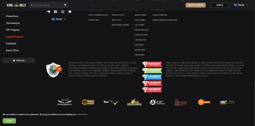 King Billy terms displaying the operator and Tobique Gaming Commission licence details