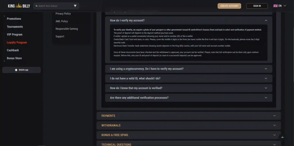 King Billy verification requirements displayed in the account area