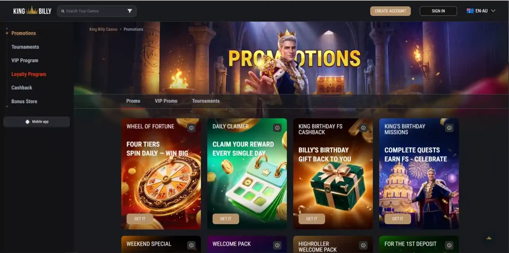 King Billy welcome offer displayed with the current Australian promotion details