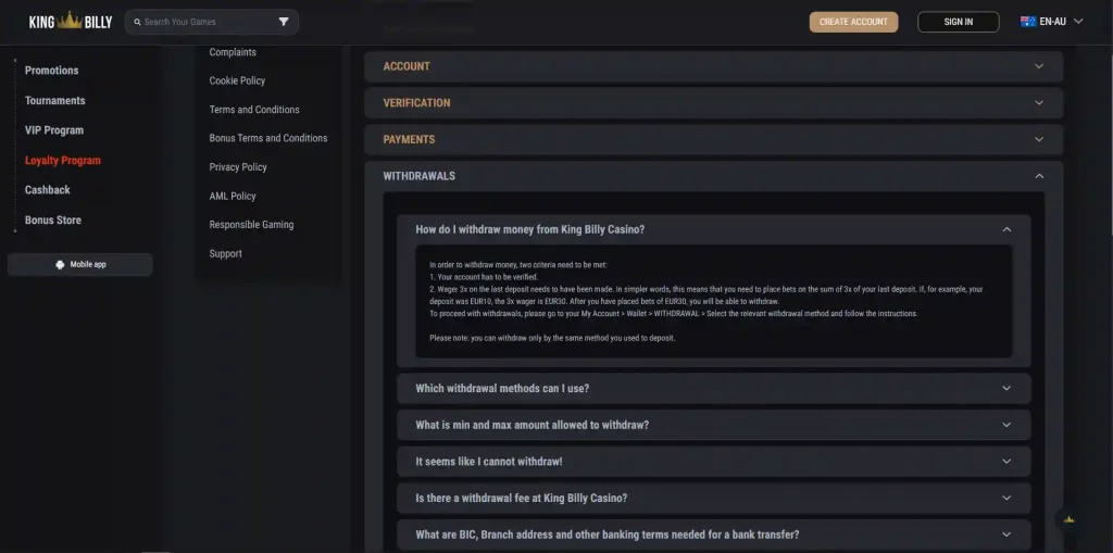 King Billy withdrawal area showing Australian dollar cashout options and account limits